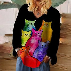 Mode Femmes Manches Longues T-shirts 3D Art Chat Imprimer Tops Tee Casual Streetwear Été Femme Surdimensionné À Manches Longues Vêtements L230619