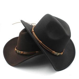 Mode Dames Heren Wol Holle Western Cowboyhoed Met Zonnegod Riem Cowgirl Jazz Toca Sombrero Godfather Cap Maat 56-58CM 240314