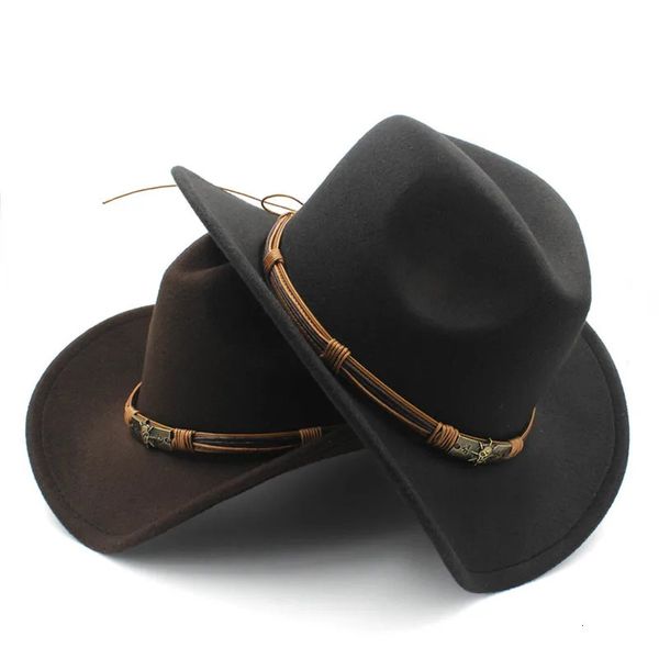 Mode Femmes Hommes Laine Creux Western Cowboy Chapeau Avec Soleil Dieu Ceinture Cowgirl Jazz Toca Sombrero Parrain Cap Taille 56-58 CM 240314