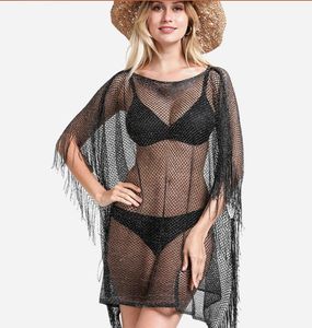 Fashion Womens Mesh Swimwear Cover Up Robe Tassel Sexy Fishnet Bikini Beach Blouse plus taille Black Gold Silver