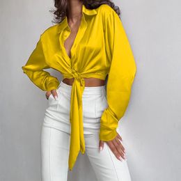 Fashion Womens Polo Neck Long Manneve Fuite ombilical Short Shirt Elegant Yellow Bouton Lace Up Up Top Blouse Camisa Blanca Mujer 240429