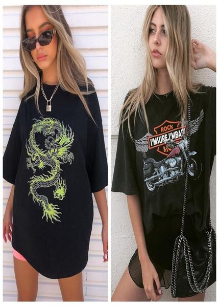 Moda para mujer Camisetas de manga corta Casual Patrón de dragón Letra impresa Estilo suelto Camiseta Negro Blanco Estilo de calle Tee3744683