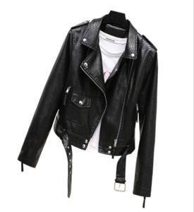 Fashion Womens Spring and Automne Black Faux Leather Zipper Snake Imprimer Coat Collier de moto Veste avec pantalon de ceinture2547926