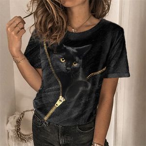 Mode dames t-shirt 3d kawaii kattenprint tees tops tops nieuwe harujuku dieren korte mouw t-shirt oversized losse vrouw kleren