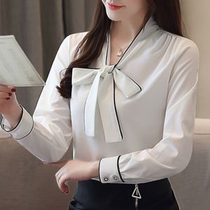 Mode femmes hauts et chemisiers 2019 arc col en v bureau blouse blanche femmes chemisier en mousseline de soie chemise à manches longues femmes chemises A917