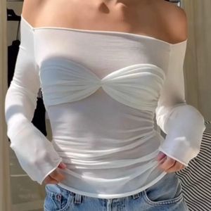 Camiseta para mujer de moda Y2k con hombros descubiertos, camisetas de manga larga, Top elástico ajustado, Color sólido 2023 240327