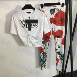 Moda feminina calça de duas peças camiseta com estampa de letras leggings estampa de flores verão novo feminino roupas esportivas
