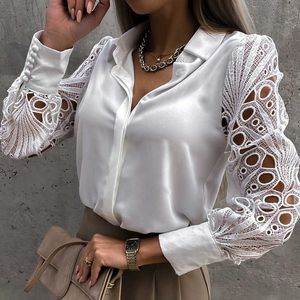 Fashion Dames Wit Kant Patchwork Dames Shirt Casual Top Met Vintage Paarse Mouwen Lente Zomer 2023