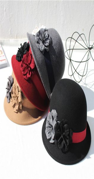 Fashion Womens Woolen Chapeaux élégants Bowler Derby Trilby quitte Bowknot Fedoras Girls Felt Cap Vintage Hats for Women Sun Caps Top 1215291