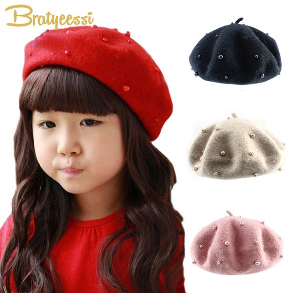 Sombrero de lana para niños a la moda con perlas, Color caramelo, gorro Retro para niña, boina para niños de 2 a 6 años, venta al por mayor