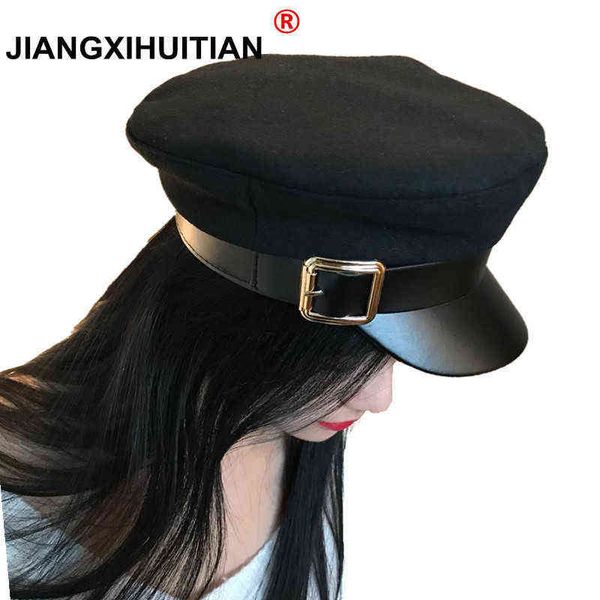 Sombrero militar con visera sólida de lana a la moda, boina de Pu de retazos Vintage para otoño e invierno, sombrero plano de estilo inglés para mujer J220722