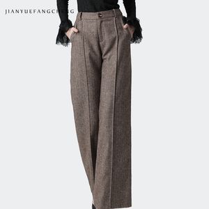 Pantalon de jambe large de laine de mode femme taille haute droite décontractée pantalon long marron chaud épaissir pantalon d'hiver plus taille street wear 201106