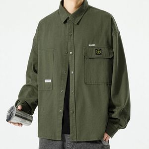 Mode Travail Veste Hommes Printemps Et Automne Été Baseball Veste Hommes À La Mode Rétro Revers Casual Et Beau Chemise Femmes Militaire Vert High Street Pardessus