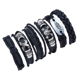 Mode Geweven Lederen Armband Sieraden Skull Cross Legering Mannen Casual Persoonlijkheid Kralen Charms Vintage Punk Wrap Bangle voor Vrouwen Gift Zwart