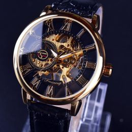Mode polshorloges Mens Mechanische horloges Top hol skelet kijken Vintage Men Gold Leather Riem polshorloge cadeau