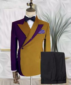 Mode Geel en Purple Mens Wedding Tuxedos Double Collar Design Bruidegomsmen Tuxedos Gloednieuwe man Blazers Jacket Uitstekend 2 -delige pak jasbroek 62