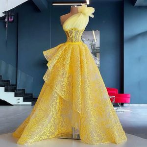 Robe De soirée jaune à la mode, asymétrique épaule dénudée, à volants, en dentelle, robes De bal formelles, 2024