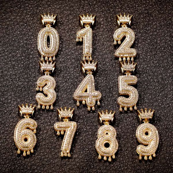 Mode jaune plaqué or CZ couronne numéros pendentif collier pour hommes femmes Hip Hop collier bijoux beau cadeau pour les amis