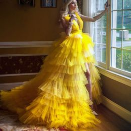 Mode jaune haut bas côté fendu robes de bal col en V profond dos nu volants niveau jupe en tulle robe de reconstitution historique balayage train robes de soirée