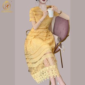 Mode jaune dentelle évider robe d'été femmes à manches courtes haute qualité piste longues robes Vestidos 210520