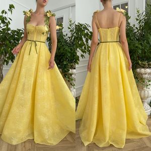 Mode jaune robes de bal appliques bretelles robes de soirée froncé dentelle formelle tapis rouge longue occasion spéciale robe de soirée