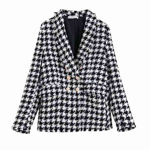 Mode ZA Vintage Dames Houndstooth Plaid Tweed Jas Double Breasted Pocket Lange Mouw Vrouwelijke Jas Casaco Femme 210531