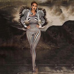 Mode Zebra Patroon Jumpsuit Vrouwen Zanger Sexy Stadium Outfit Bar DS Dance Cosplay Bodysuit Prestaties Tonen Kostuum 240130