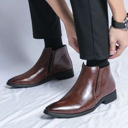 Mode Zip hommes à la mode haut chaussures en cuir pour hommes élégant bout pointu robe marron homme bottines