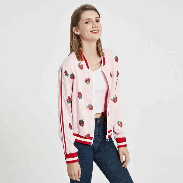 Sweat-shirt à fermeture éclair à la mode pour femmes, vêtements d'extérieur, veste de bombardier rétro, manteau à paillettes, sweat-shirt à la fraise, vêtements décontractés pour femmes 210422