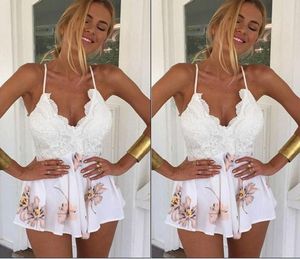 Fashion2017 Vestido de mujer Sin espalda Ladies Club Wear Body Party Romper Body Lace Patchwork Estampado floral Sling blanco Mini Vest5773060