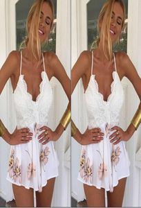 Fashion2017 Femmes Habille sans dos pour dames club portes bodycon BodySuit BodySuit Patchwork Floral Imprimé blanc Sling Mini Vest7364190