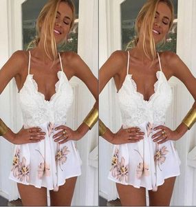Fashion2017 Femmes Habille sans dossie Ladies Club porte Bodycon Party BodySuit BodySuit Patchwork Floral Imprimé blanc Sling Mini Vest7475159
