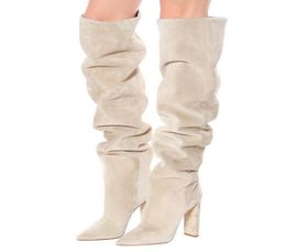 Fashion2020 Fashion Women Faux Suede over de knie High Slouchy Boots Pointy Toe Toe dikke hiel Slouch Long Boots Ladies Winter Heel3981519