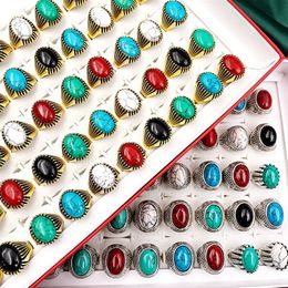 Modieuze 30 STKS / SET GEM Pinestone Turquoise Band Ringen Retro Bohemen Stijl Charm Mix Metal Big Size Mannen en Vrouwen Mooie Sieraden Party Gift