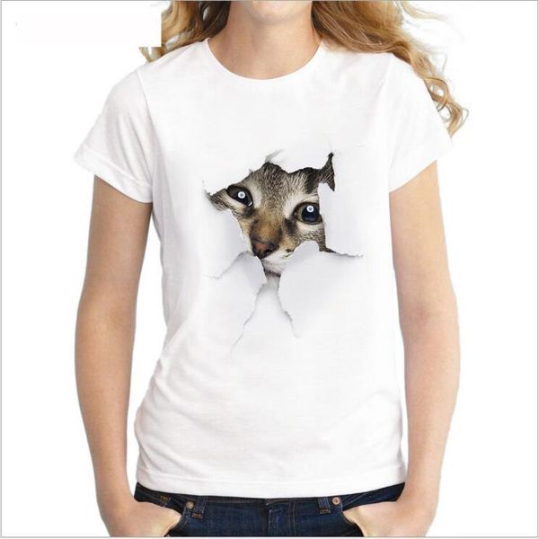 Camiseta de mujer nativa informal con estampado de gato en 3D a la moda, camiseta informal barata de manga corta de verano para mujer