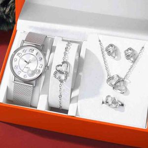 Modieuze 6 -delige meisjes Ladi Watch Gift Set Rose Gold Watch en armband ketting oorbellen set vrouwen