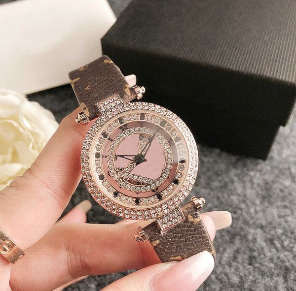 À la mode toutes les marques montre-bracelet femmes filles diamant cadran rotatif bracelet en cuir Quartz luxe horloge L 101 meilleure qualité