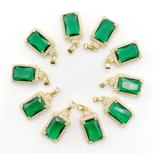 Modieuze en populaire Natural Stone Pendant ketting, hoogwaardige gesneden smaragdetjes set met kleine diamanten, vierkante ketting, koperen hanger