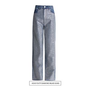 Modieuze en trendy casual broek lente 2024, nieuw robuust ontwerp met diamanten ingelegde jeans met hoge taille en rechte pijpen voor dames