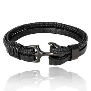 Bracelet en acier titane pour hommes à la mode et à la mode, peau de vache noire tissée, ancre de bateau, acier inoxydable, bracelet en cuir véritable, corde en cuir