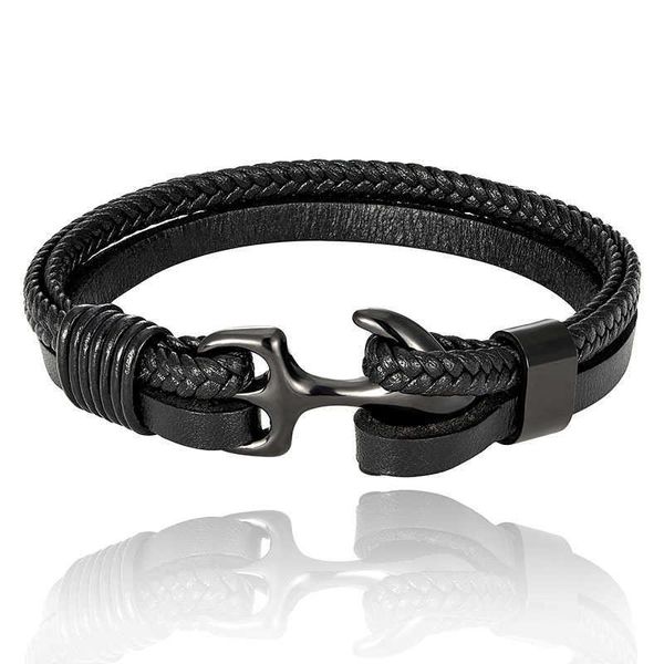 Pulsera de acero de titanio para hombre de moda y de moda, ancla de barco tejida de piel de vaca negra, pulsera de cuero genuino de acero inoxidable, cuerda de cuero