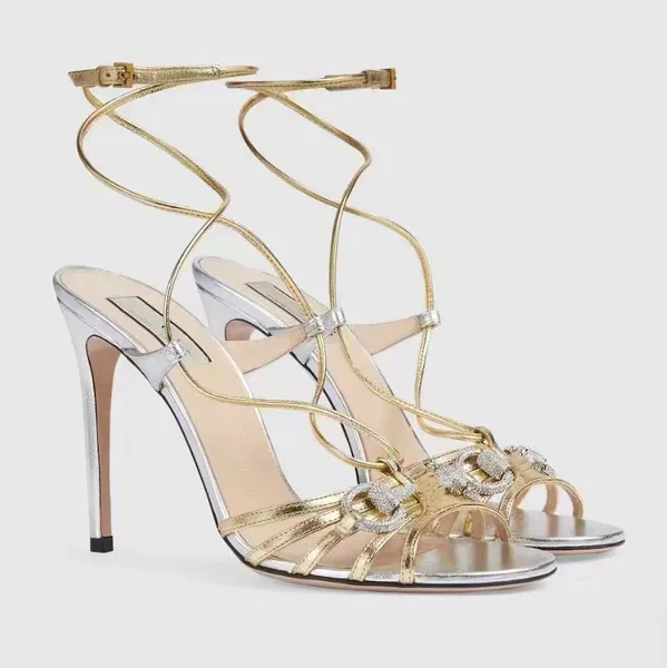 Sandales à bride à la cheville à la mode, chaussures de créateurs luxueuses pour femmes, talons hauts, bride à la cheville en cuir véritable, boucle en strass, décoration, chaussure habillée décontractée