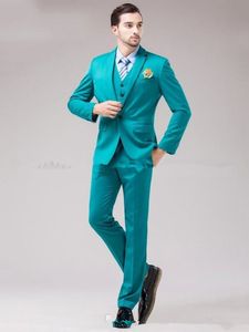Tuxedos de marié turquoise à la mode, revers cranté, costumes de mariage pour hommes, costumes de bal (veste + pantalon + gilet + cravate) NO: 1538