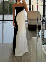 Robe longue en patchwork noir et blanc à la mode pour femmes, sexy, épaules dénudées, sans manches et dos nu, longue robe élégante, club de fête, 240220