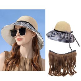 Chapeau de seau à la mode avec des cheveux adaptés aux femmes Protection solaire détachable Sun Vave Blonde Blonde Perruque adaptée au printemps et à l'été 240429