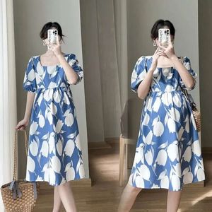 Modieuze kledingmouw vierkante kraag geprint losse zomer internet celebrity zwangerschapsjurk l2405