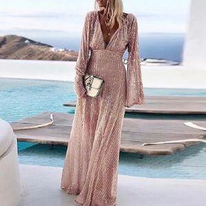 Modieuze bohemien feestjurk met diepe v-hals voor dames, elegante goud bedrukte schouder lange jurk zomer casual mouwloze strandjurk 240108