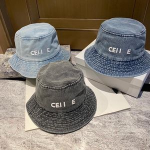 Impresión de letra de marca de diseño de moda Borre ancho unisex Four Seasons All-Match Denim Bucket sombreros de tres colores Sunshade Fisherman