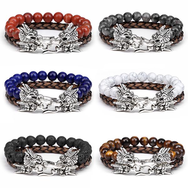 Conjunto de pulseras con cierre de cabeza de dragón, pulsera de cuentas de piedras preciosas naturales de 8MM con pulsera de cuerda de cuero hecha a mano