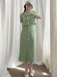 Modieuze elegante revers dunne tweed groene kleine pak korte jas hoge taille chique knop slanke rok tweedelige set Y426 240109